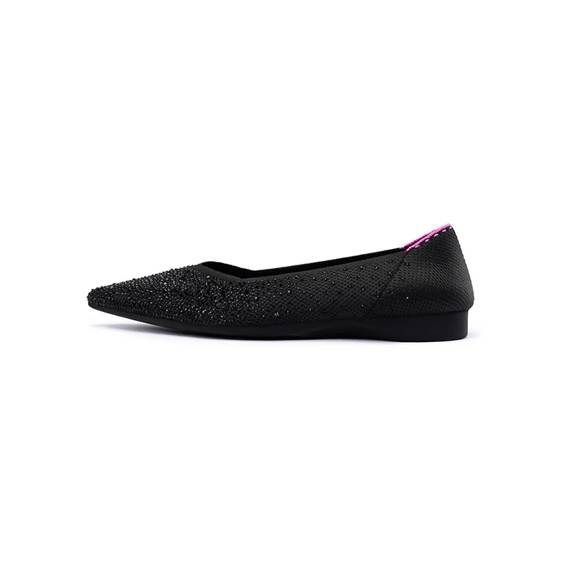Rhinestone Knit Pointed Toe Ballet Flats - Black
