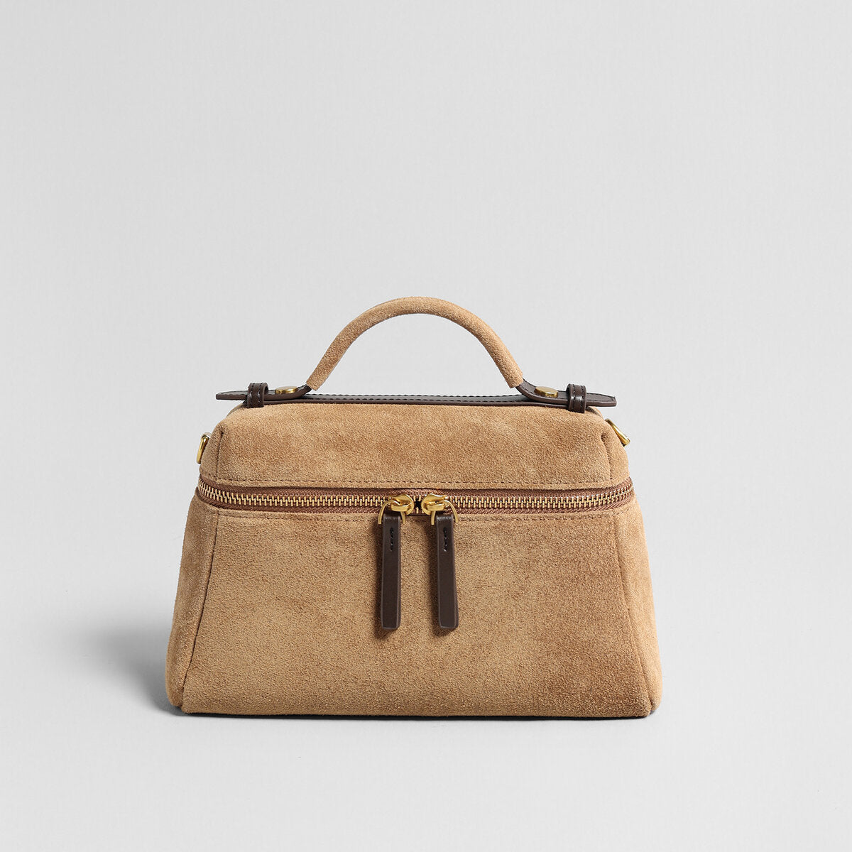 Suede Leather Structured Shoulder Bag - Camel