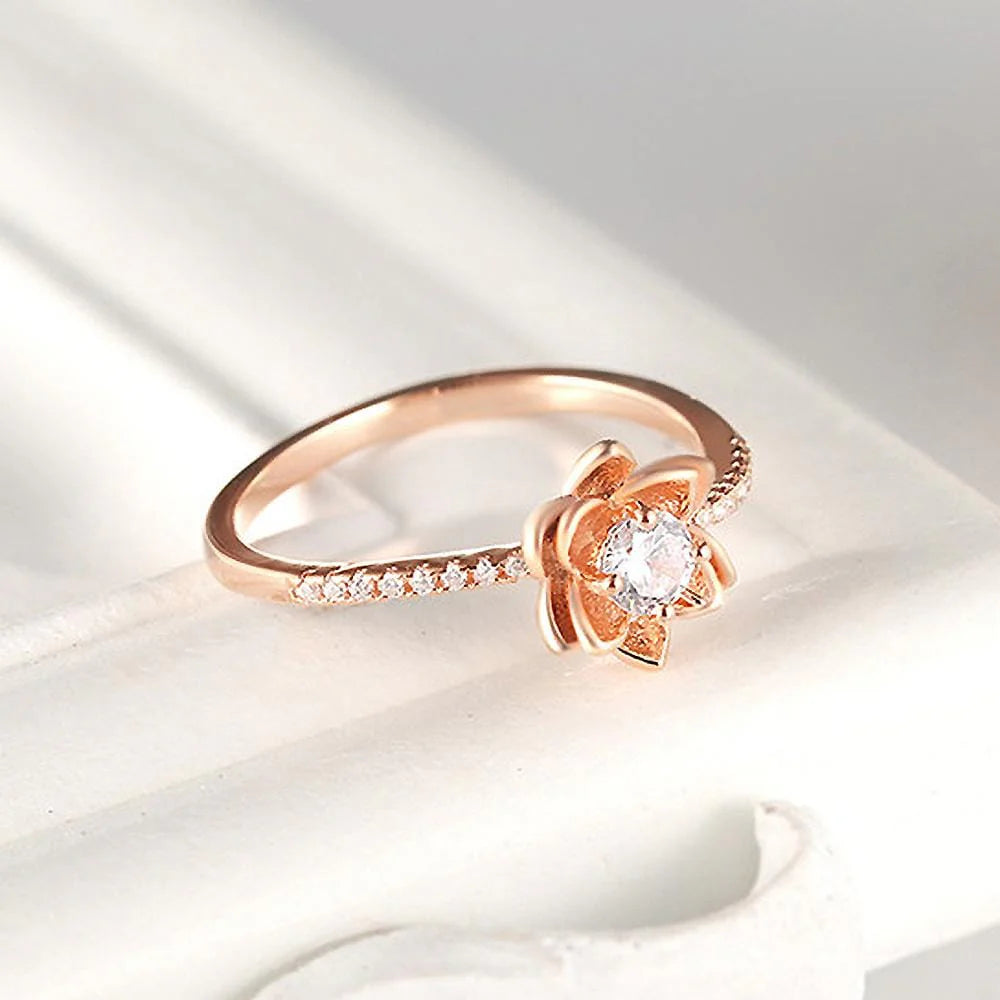 Bullion Gold Modern Lotus Flower and Simulated Diamonds Accent Rose Gold Layered Band Ring