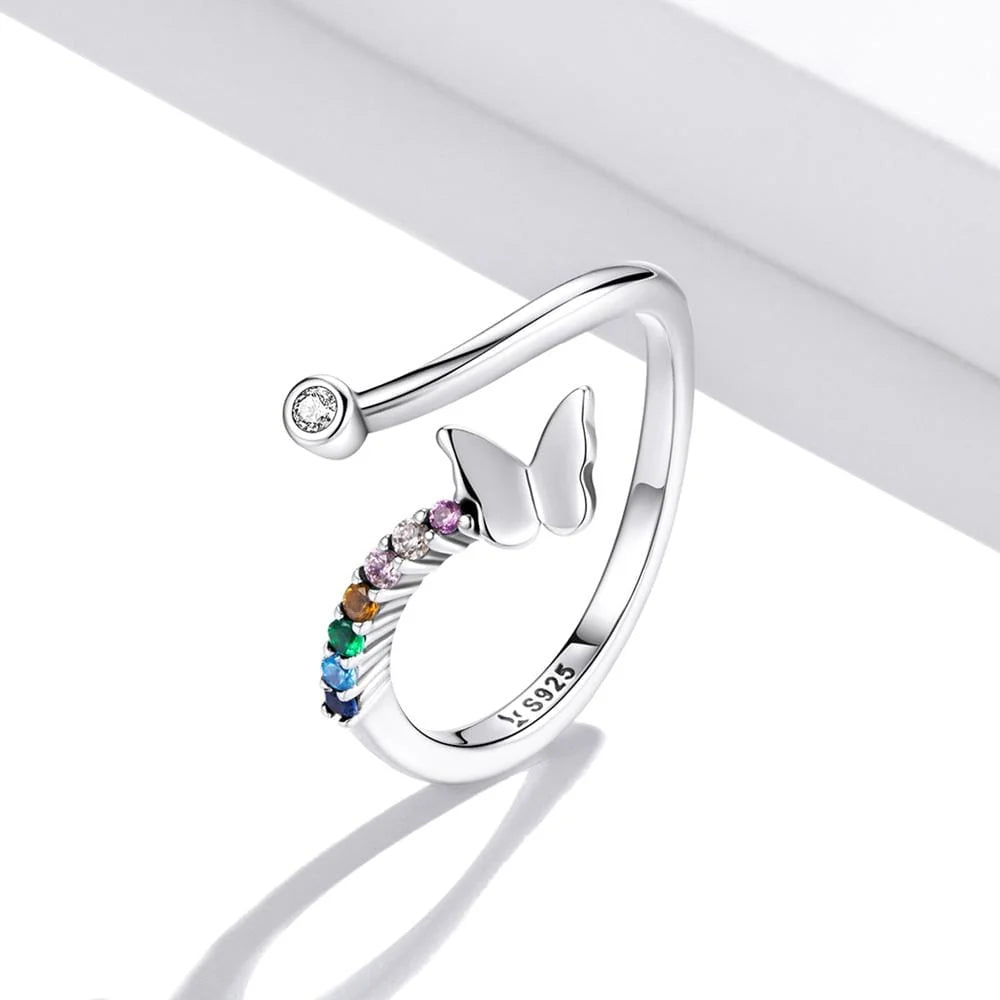 Adjustable Solid 925 Sterling Silver Multicoloured Butterfly Ring
