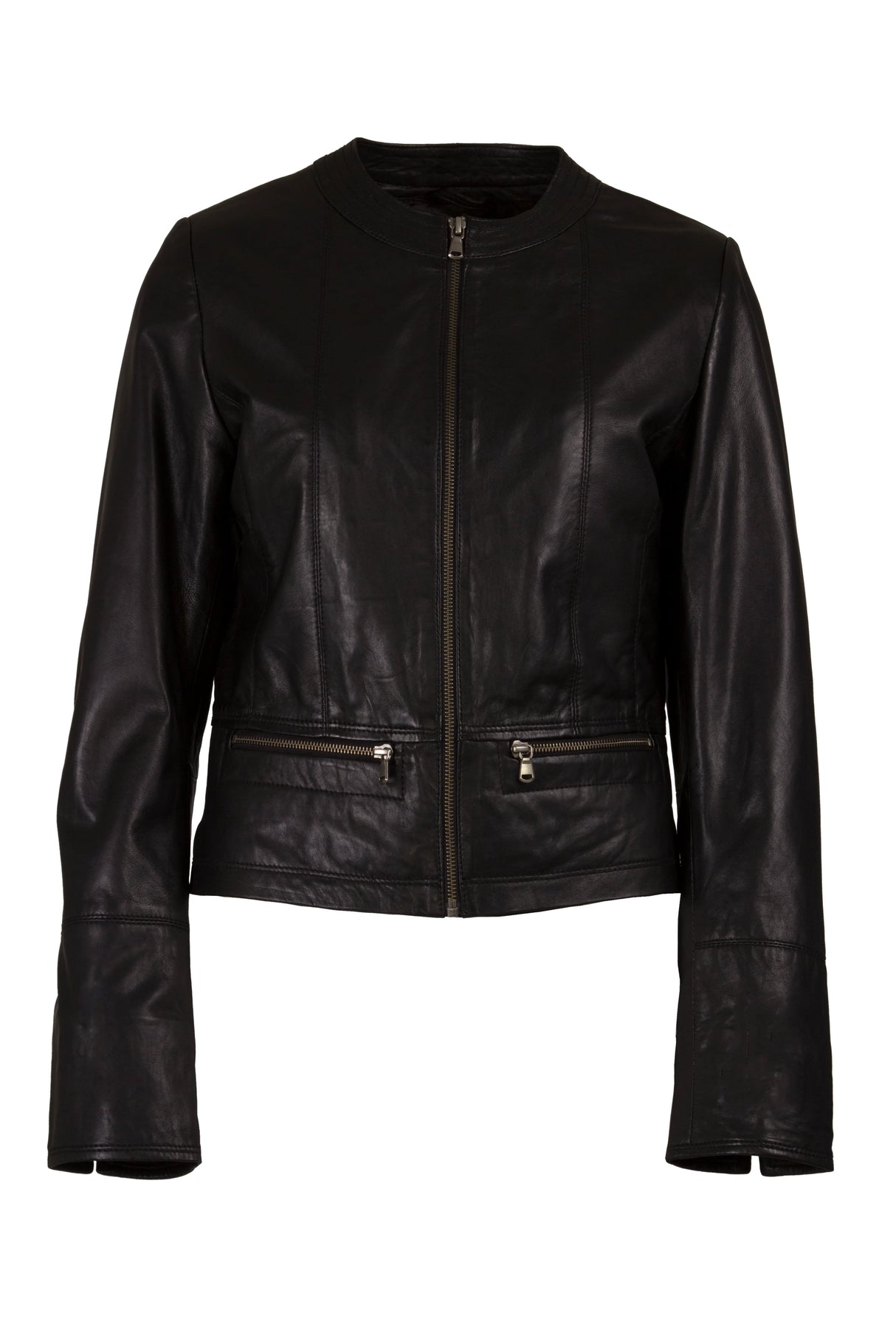 Womens Round Neck Black Leather Jacket
