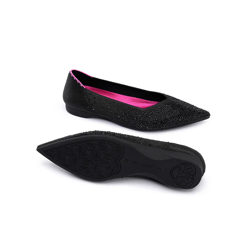 Rhinestone Knit Pointed Toe Ballet Flats - Black