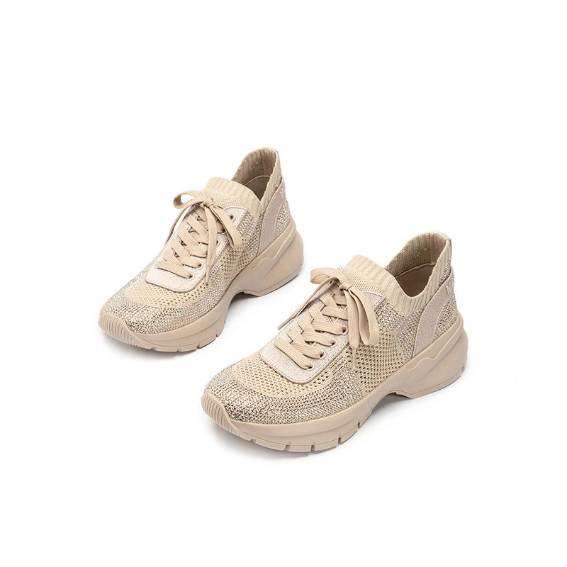 Rhinestone Mesh Knit Chunky Platform Sneakers - Beige