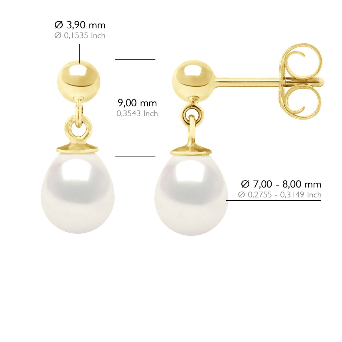 Earrings In Yellow Gold and Real Cultured Freshwater Pearls Pear 7-8 mm - Natural Pearl White - Longueur 42 cm