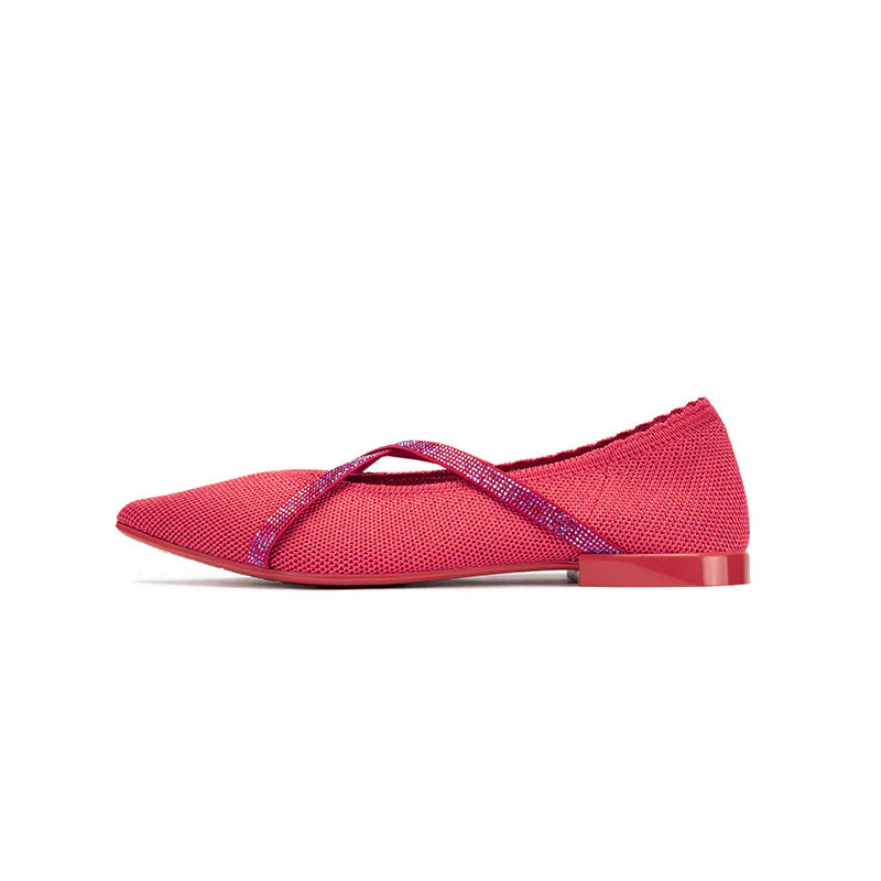 Rhinestone Cross Strap Pointed Toe Knit Flats - Watermelon