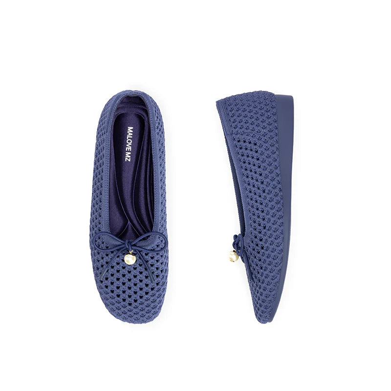 Pearl Bow Heart Mesh Knit Round Toe Wedge Flats - Navy