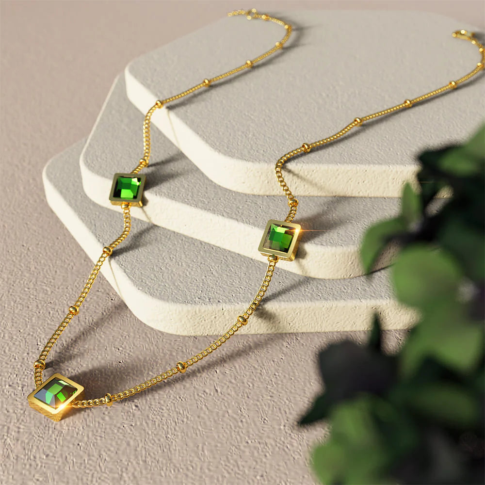 Bullion Gold Square Bezel Station Necklace in Emerald Green