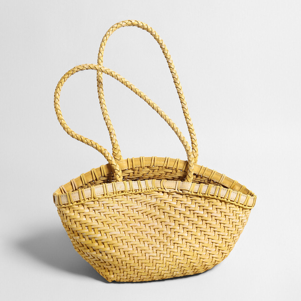 Handwoven Leather Flared Market Basket Tote - Yellow