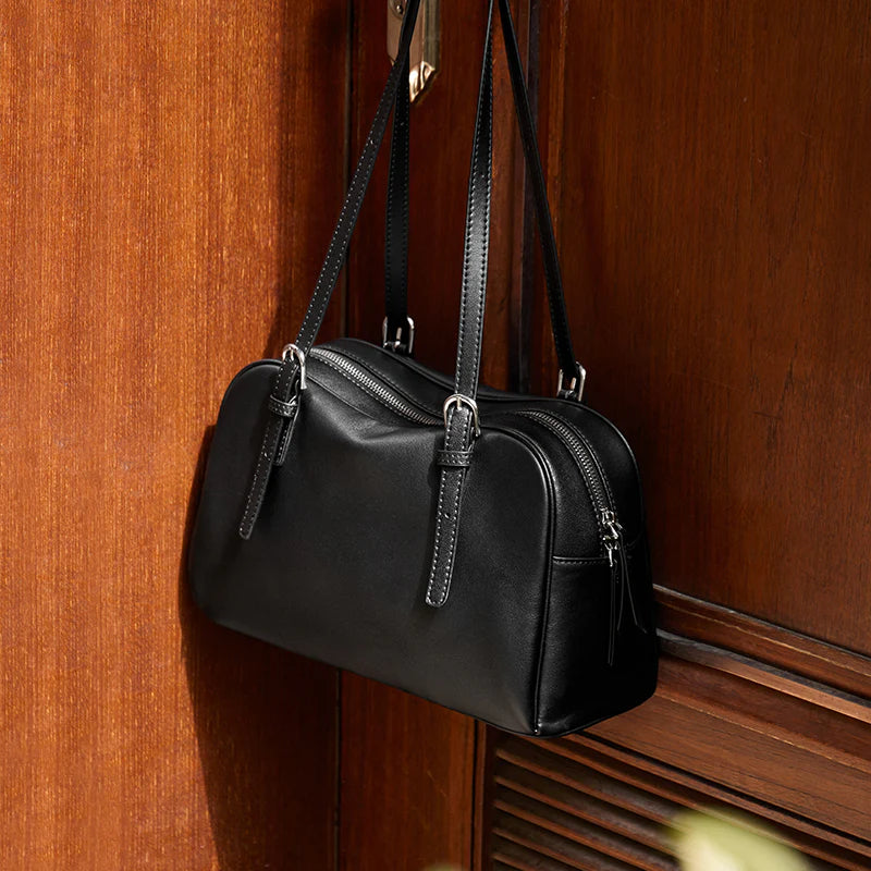 Nalandu Vintage Leather Bowling Bag - Black