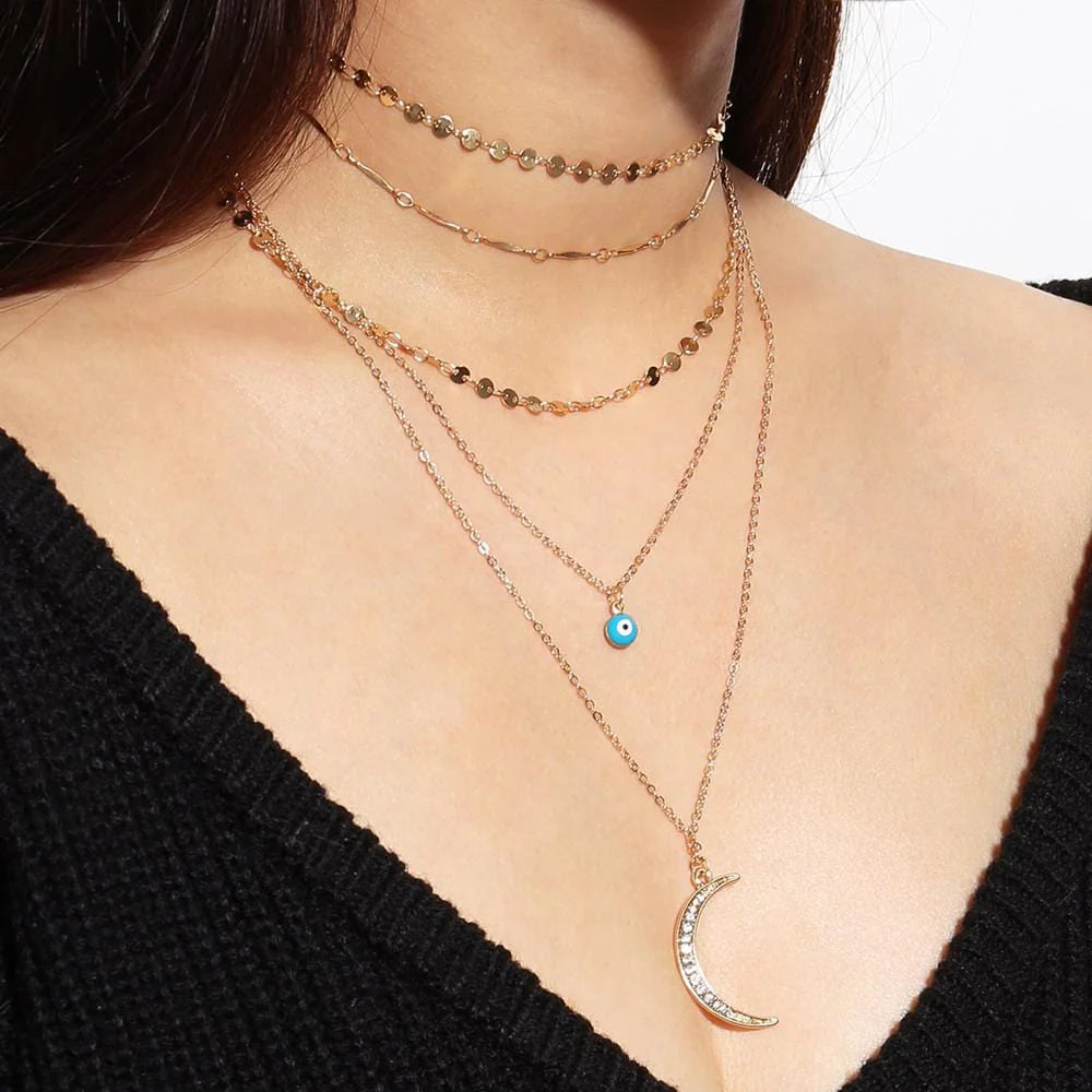 Multilayer 5 Piece Stunning Blue Eye and Moon Layering Gold Necklace