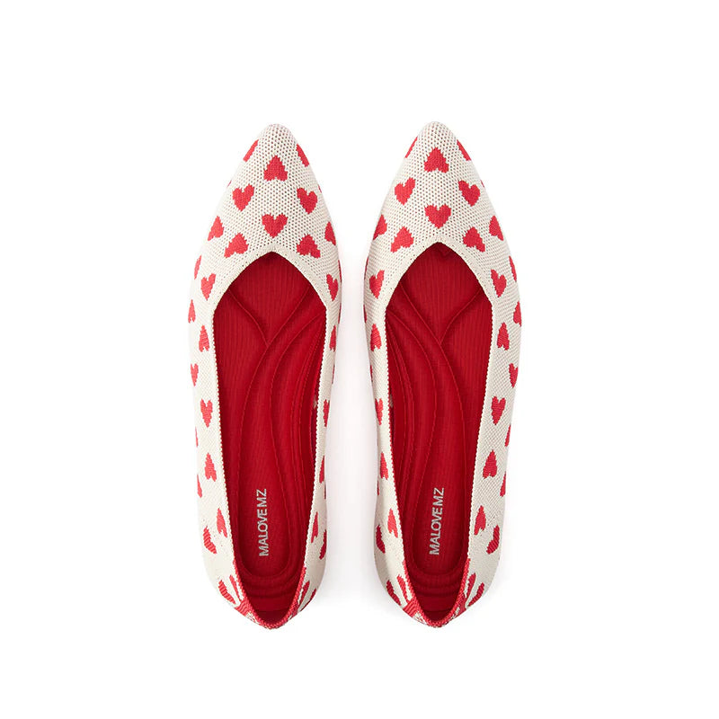 Heart Print Pointed Toe Comfortable Flats - Red