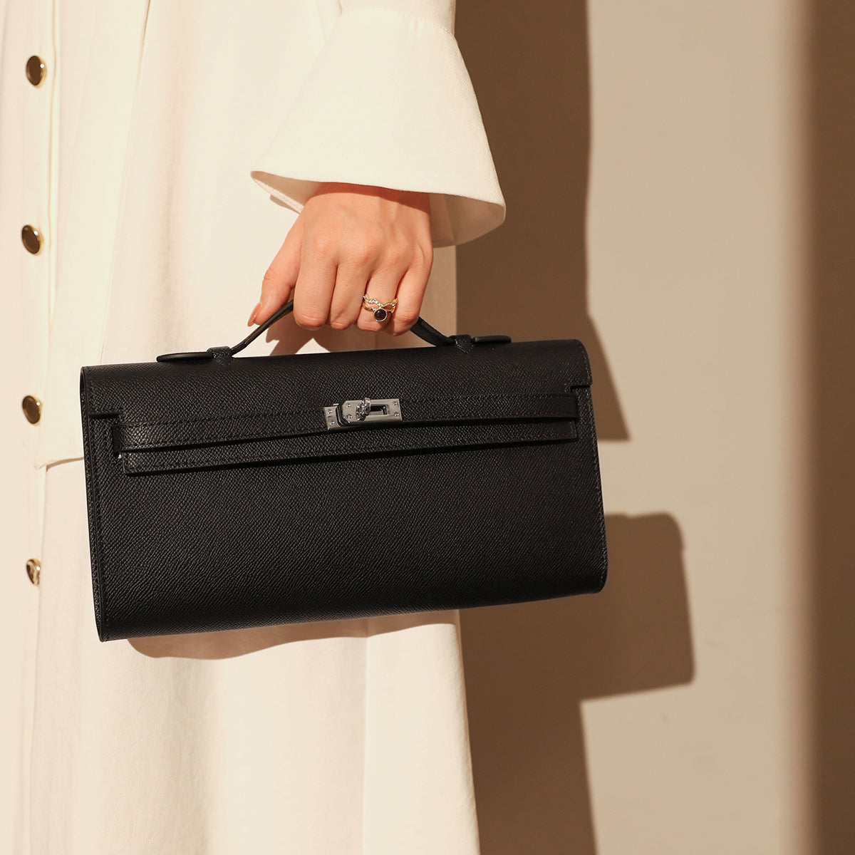 Structured Saffiano Leather Top-Handle Clutch - Black