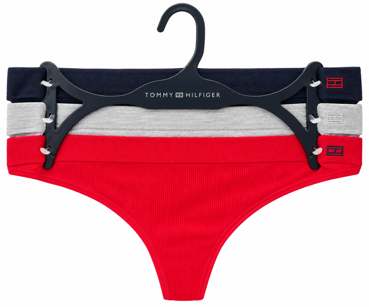 Tommy Hilfiger Women's 3 Pack Seamless Mini Rib & Jersey Flag Thong -tango Red