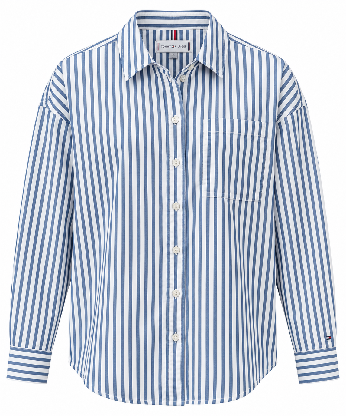 Tommy Hilfiger Women's Long Sleeve Relaxed Poplin Shirt-stripe - Vibrant Indigo