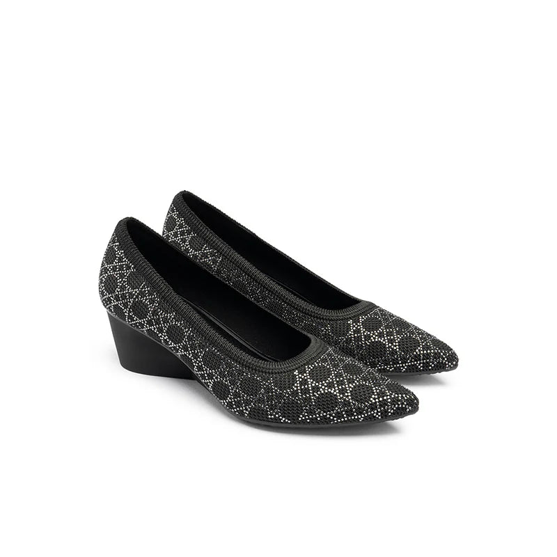 Rhinestone Check Knit Pointed Toe Wedge Pumps - Black