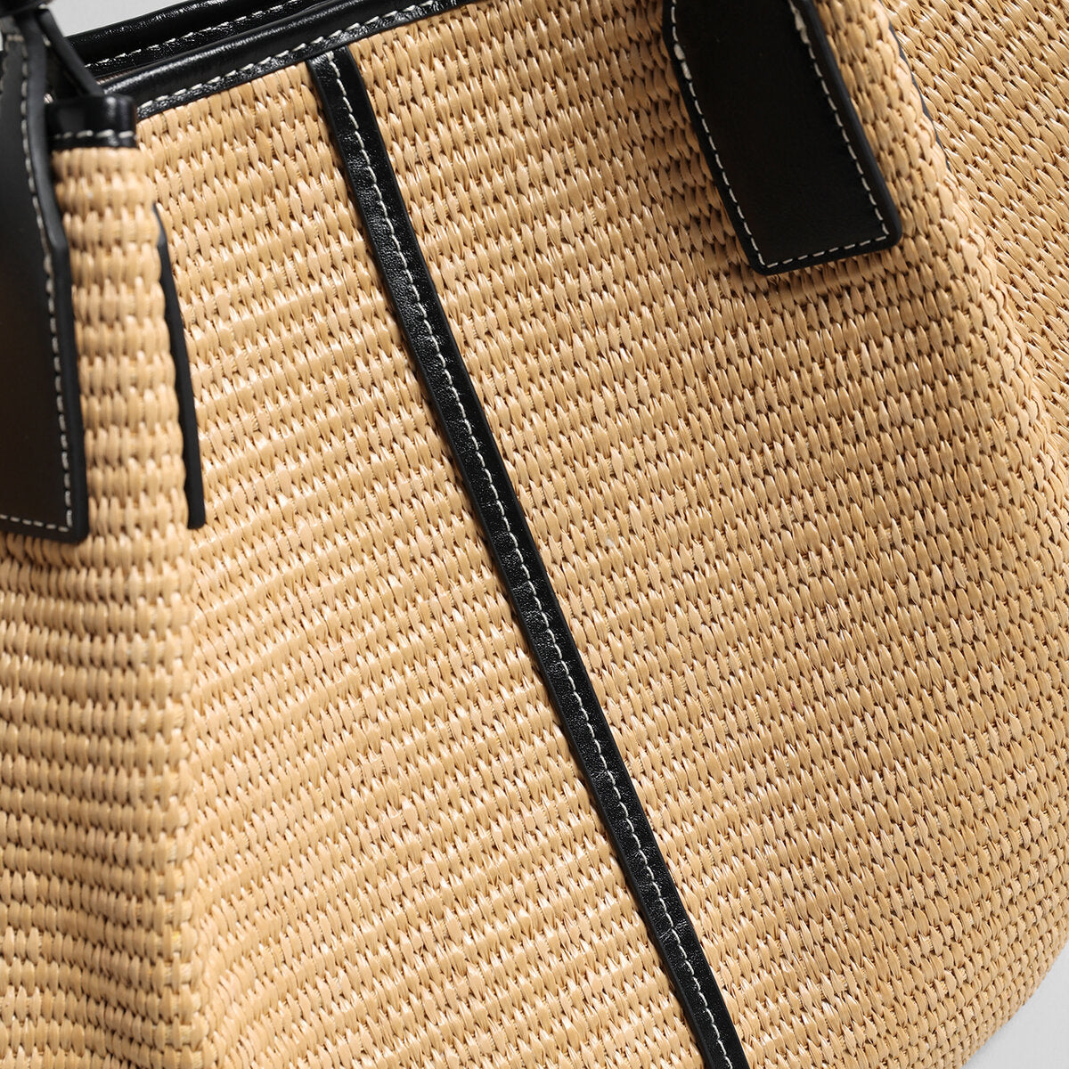Large Paneled Woven Straw Tote Bag - Natural