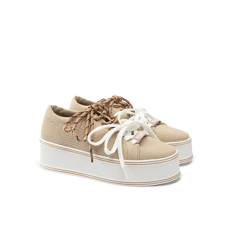Dual Lace Platform Knit Sneakers - Apricot