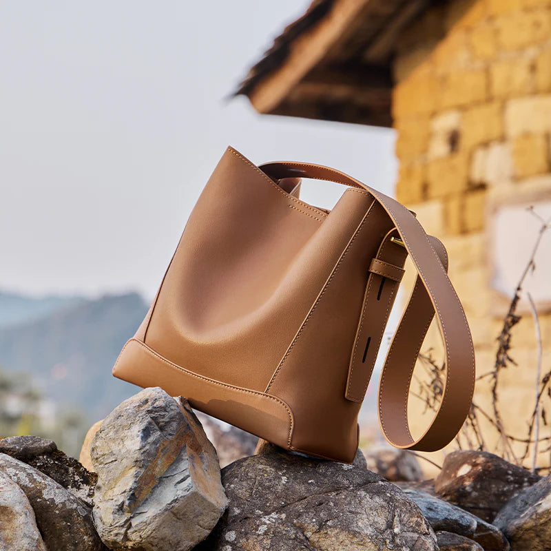 Nalandu Luxe Genuine Leather Bucket Tote Shoulder Bag - Brown