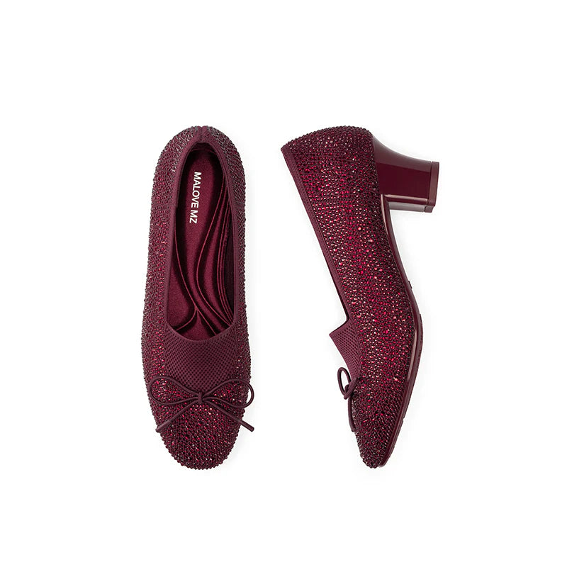 Rhinestone Bow Knit Round Toe Block Heel Pumps - Wine