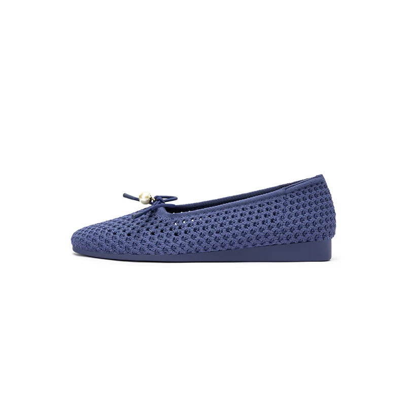 Pearl Bow Heart Mesh Knit Round Toe Wedge Flats - Navy