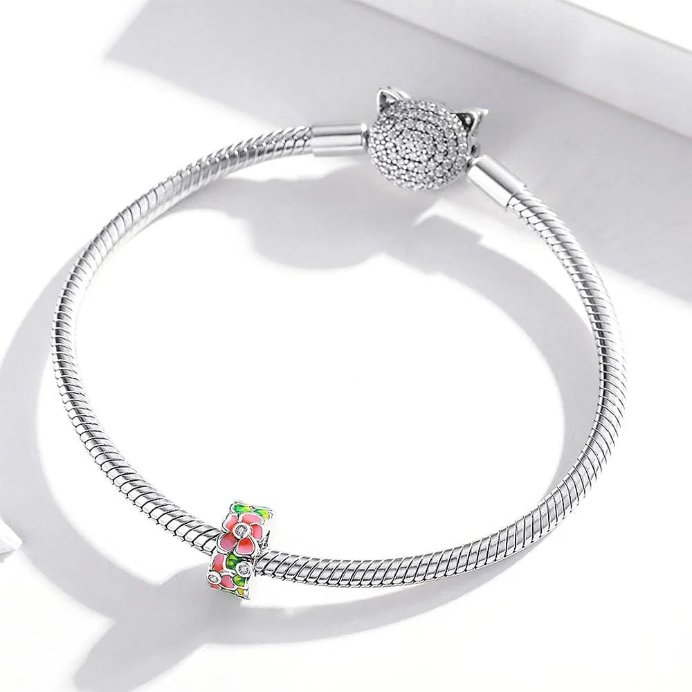 Solid 925 Sterling Silver Red Floral Pandora Inspired Charm