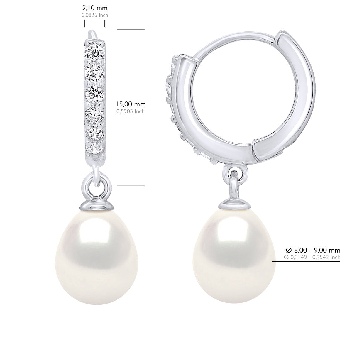 Earrings Creole Real Cultured Freshwater Pearls Pear 8-9 mm - Natural White - Longueur 18 cm