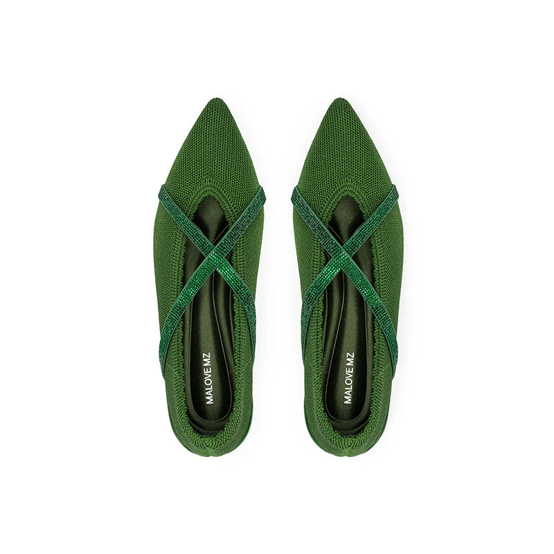 Rhinestone Cross Strap Pointed Toe Knit Flats - Green