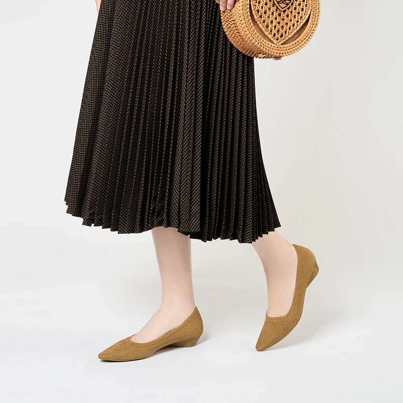 Diagonal Cut Knit Pointed Toe Wedge Flats - Tan