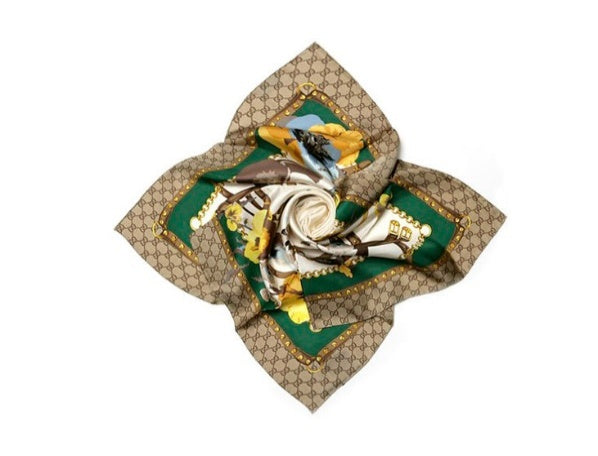 Gucci GG Monogram Print 100% Silk Scarf 90x90 Cm - Brown+Multi