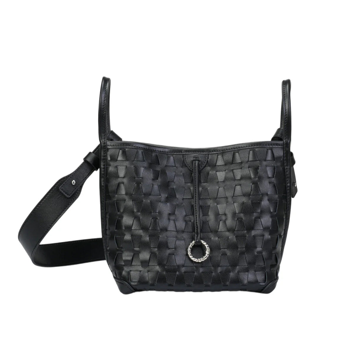 BAMEI Embossed Calfskin Leather Bucket Bag Set - Black