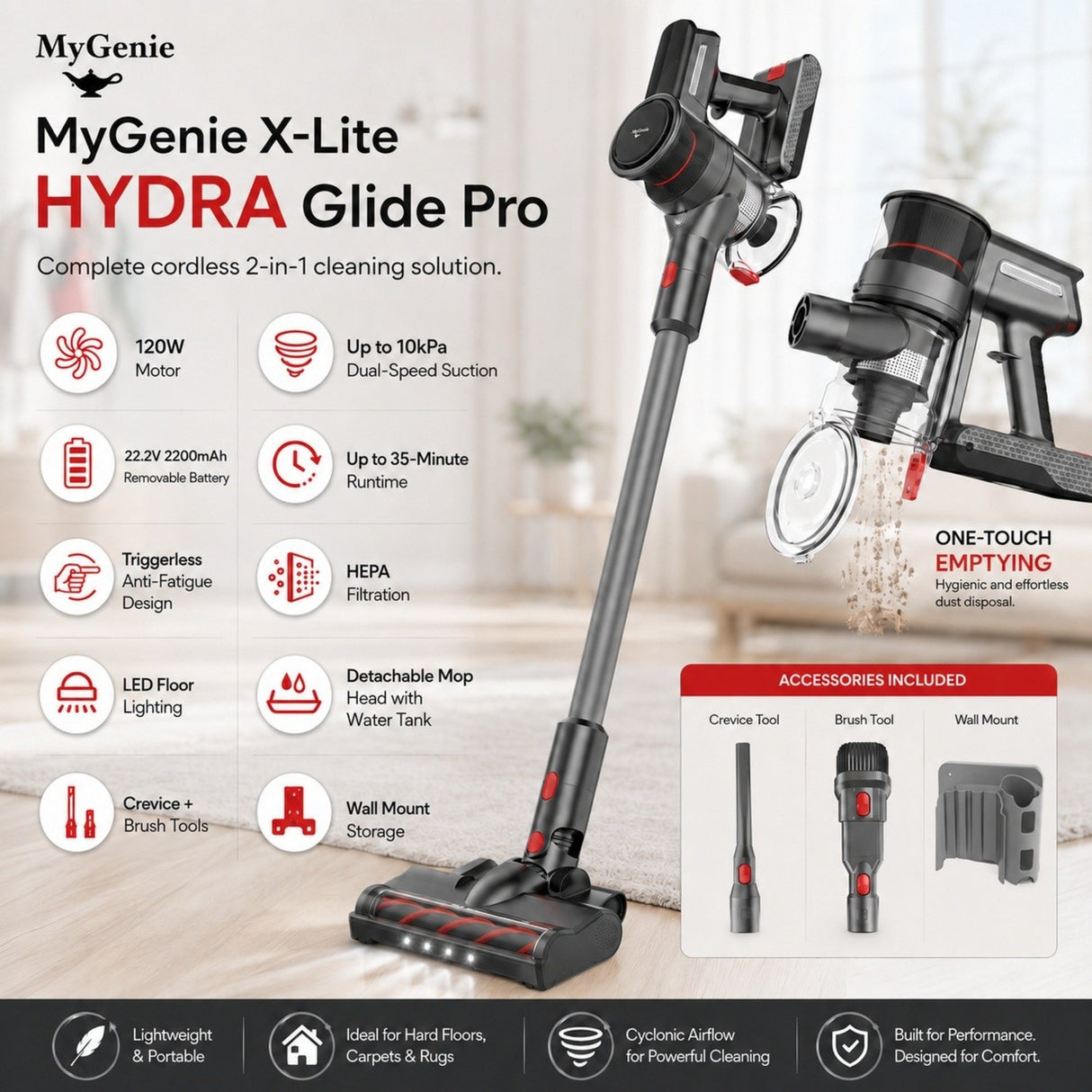 MyGenie X-Lite HYDRA Glide Pro Cordless Stick Vacuum