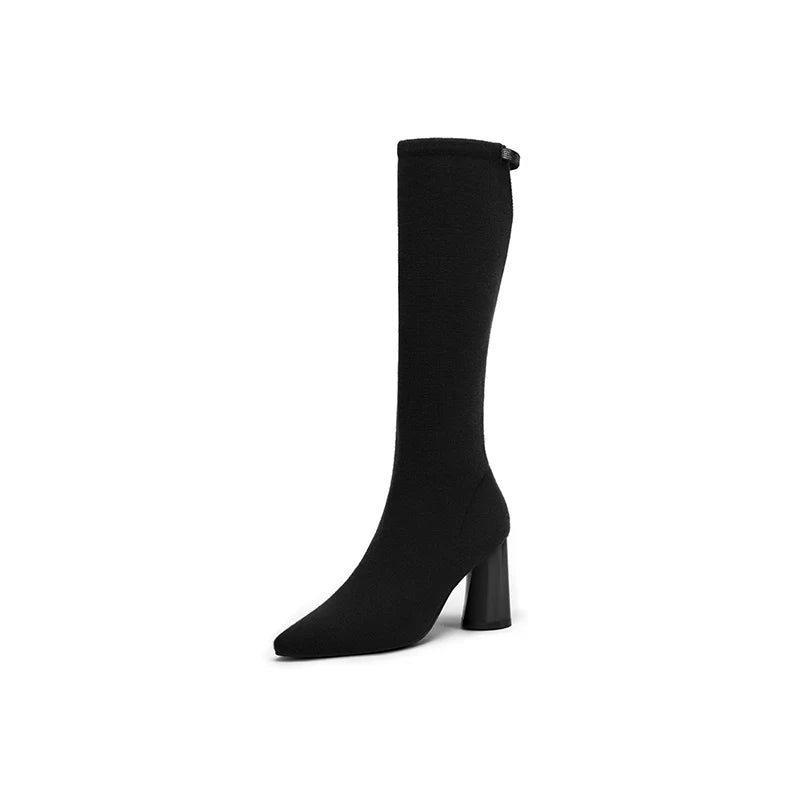 Pointed Toe Block Heel Stretch Knee High Boots - Black