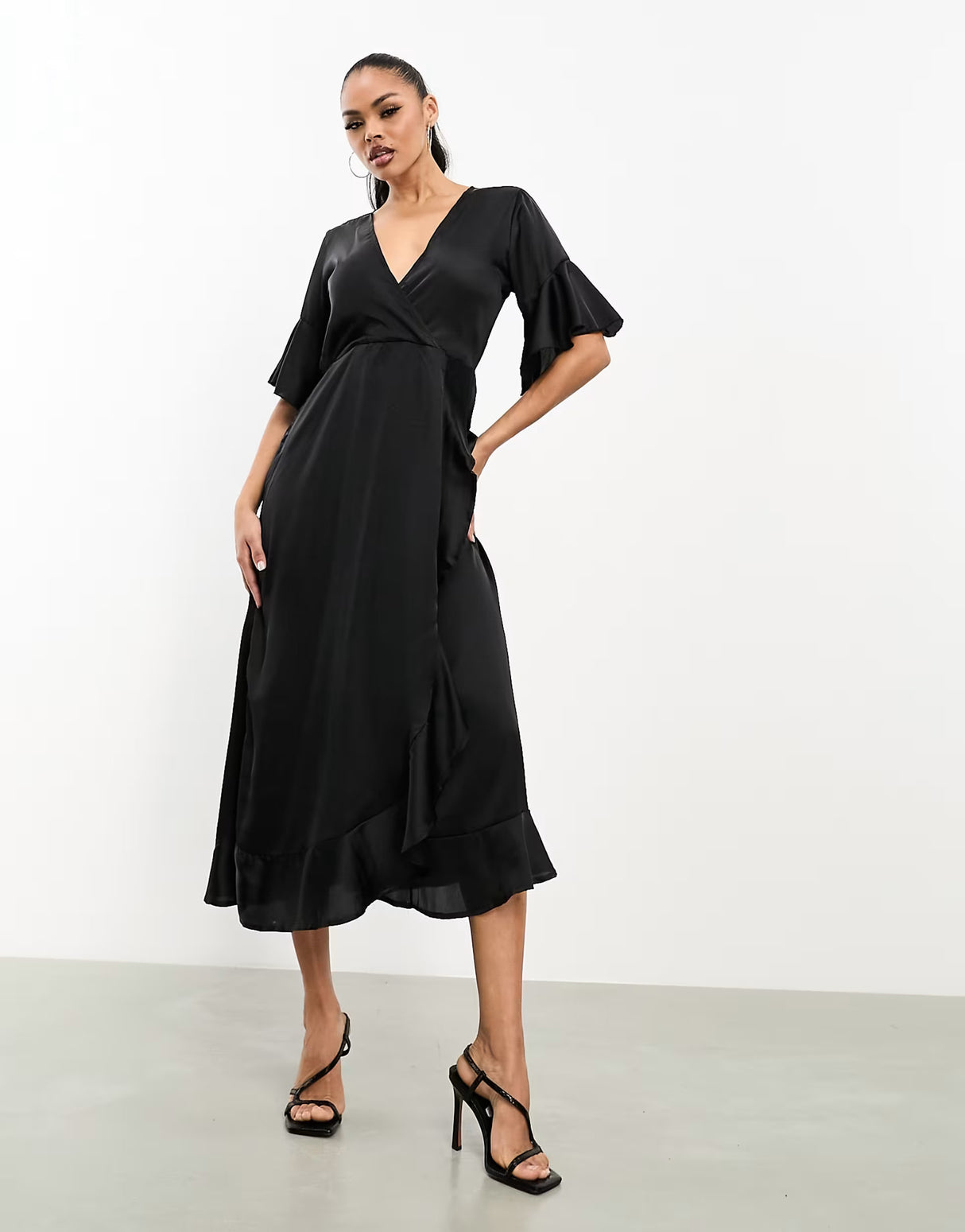 Ax Paris Satin Wrap Dress In Black