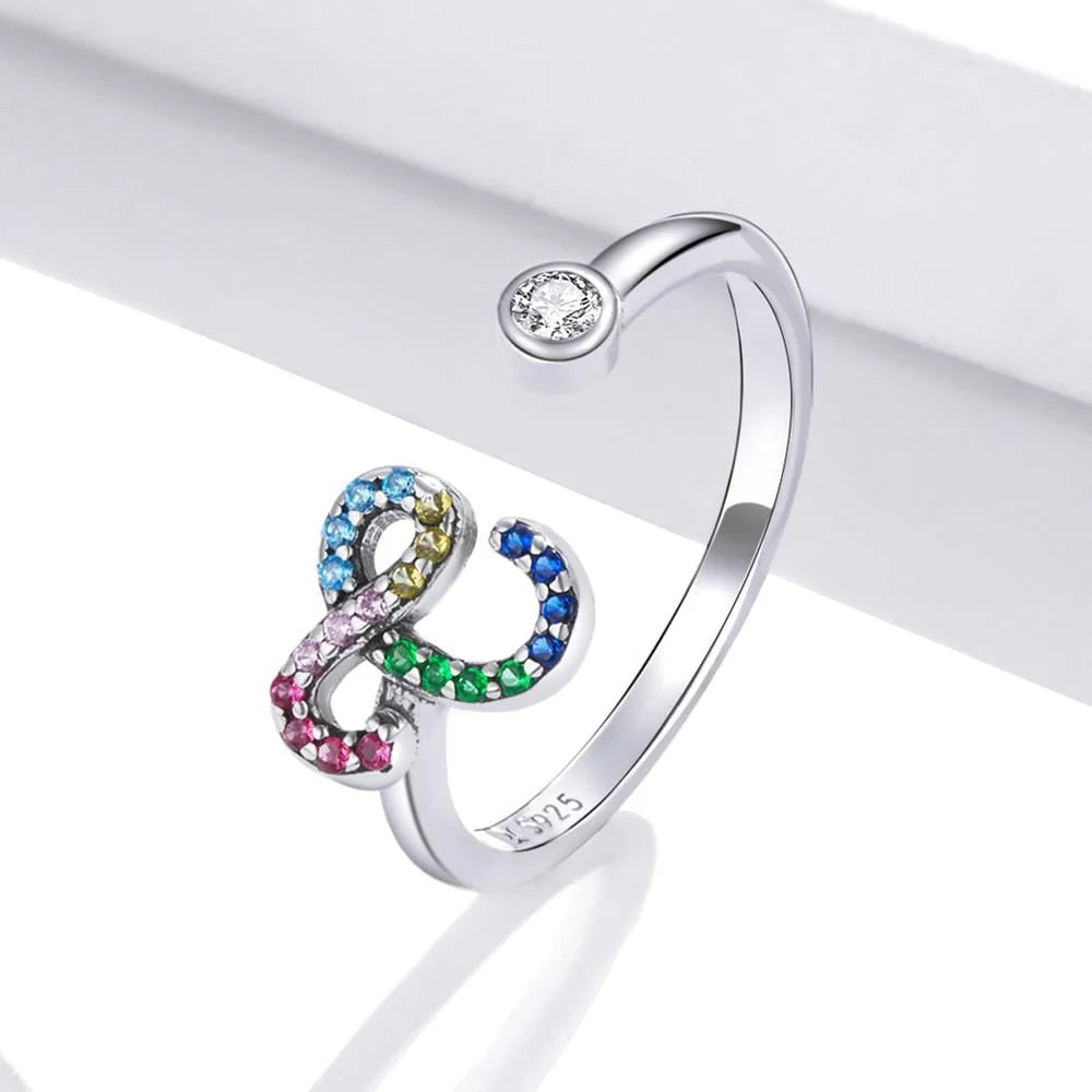 Adjustable Solid 925 Sterling Silver Colourful Rainbow Alphabet Letter Ring