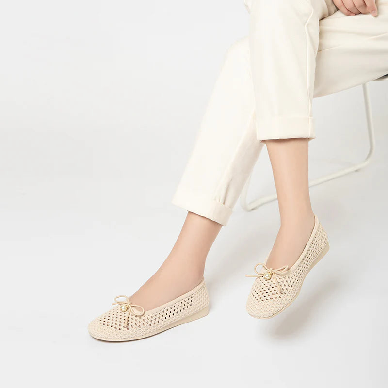 Pearl Bow Heart Mesh Knit Round Toe Wedge Flats - Ivory