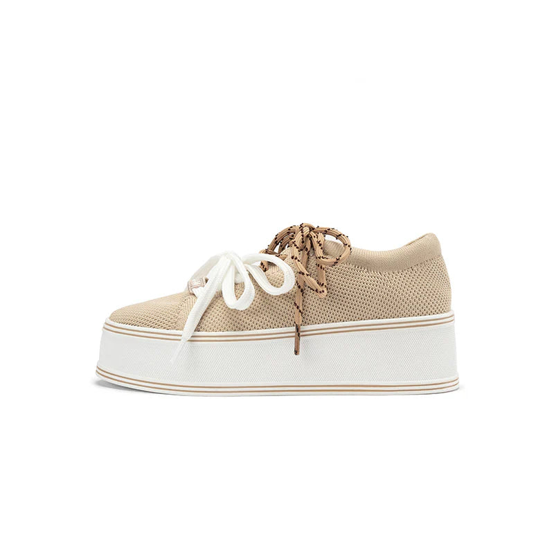 Dual Lace Platform Knit Sneakers - Apricot