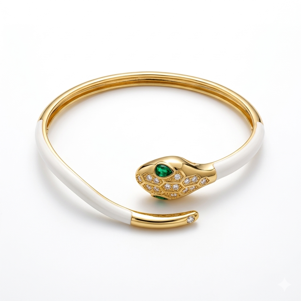 Liv Oliver 18K Gold White Snake Cuff Bangle
