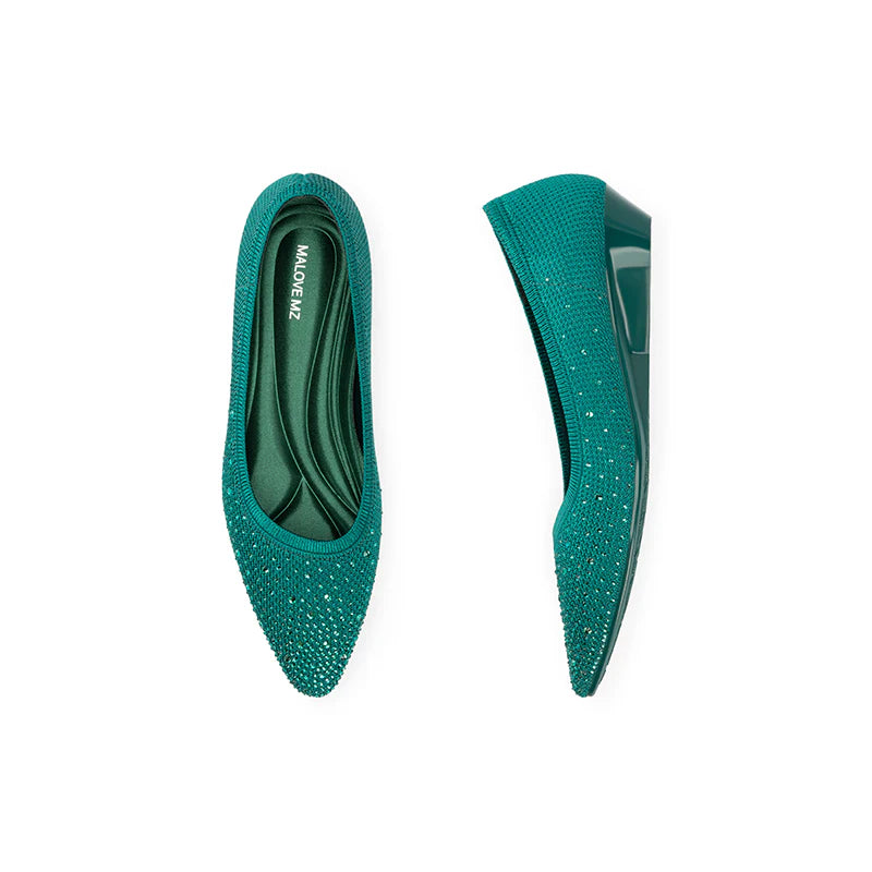 Rhinestone Gradient Knit Pointed Toe Wedge Flats - Green