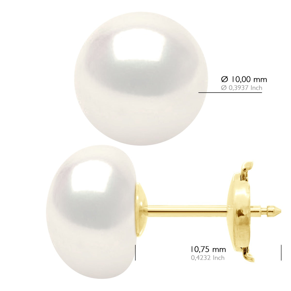 Earrings In Yellow Gold 375 and Real Cultured Freshwater Pearls Button 10-11 mm - Natural Pearl White - Longueur 42 cm