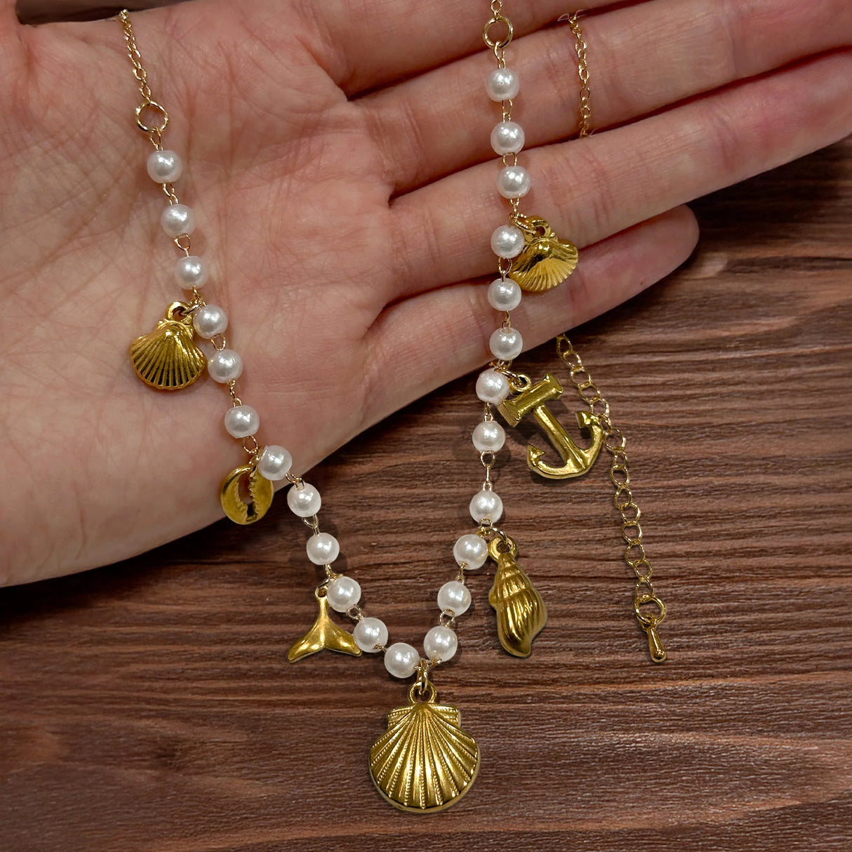 Bullion Gold Beaded Sea Pearl Charm Gold Necklace