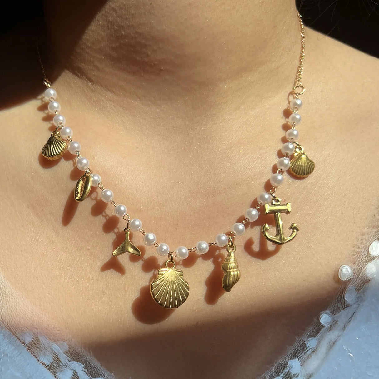 Bullion Gold Beaded Sea Pearl Charm Gold Necklace
