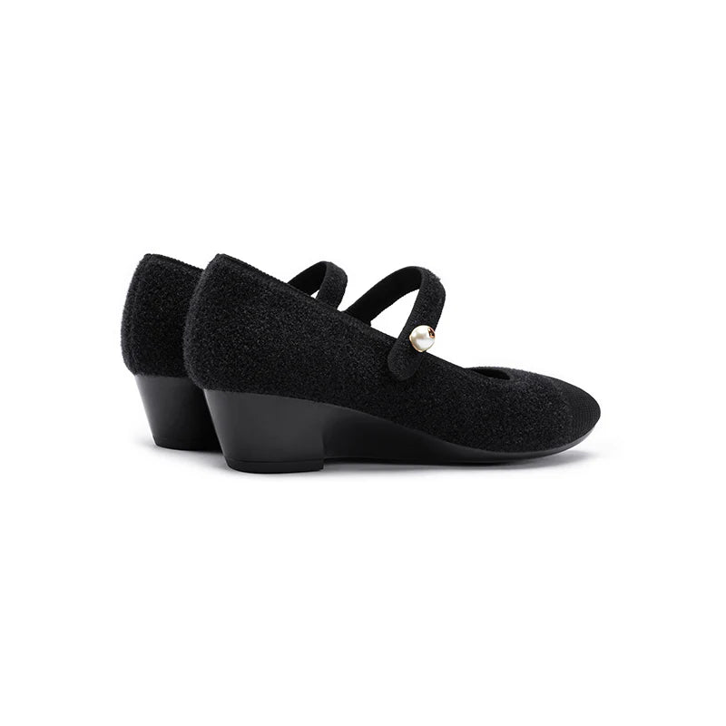 Vintage Tweed Low Heel Mary Jane Shoes - Black