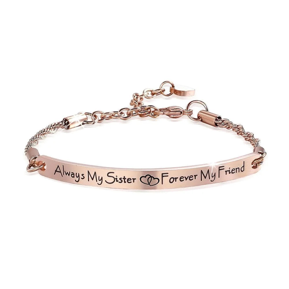 Bullion Gold Sisters Forever Inscriptions Rose Gold Bar Bracelet