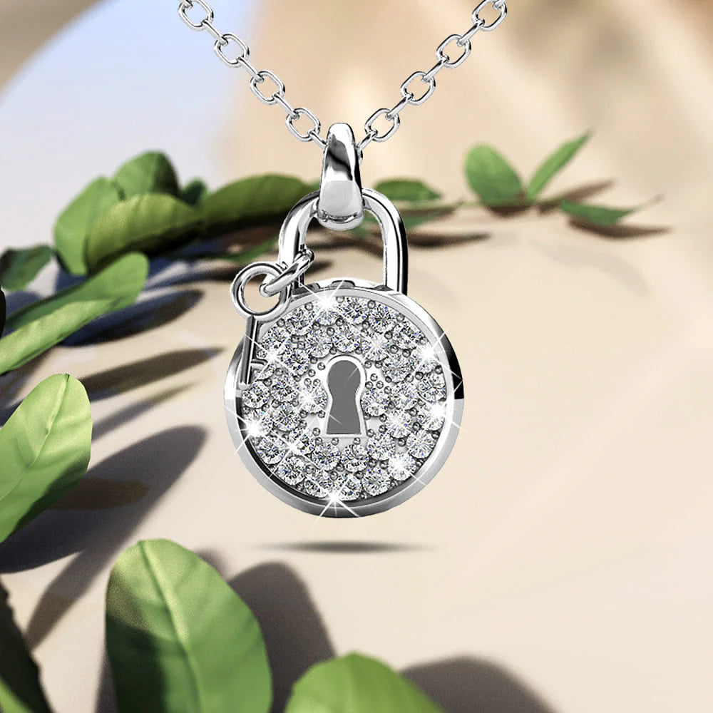 Krystal Couture White Gold Pave Set Padlock Necklace Embellished with SWAROVSKI Crystals