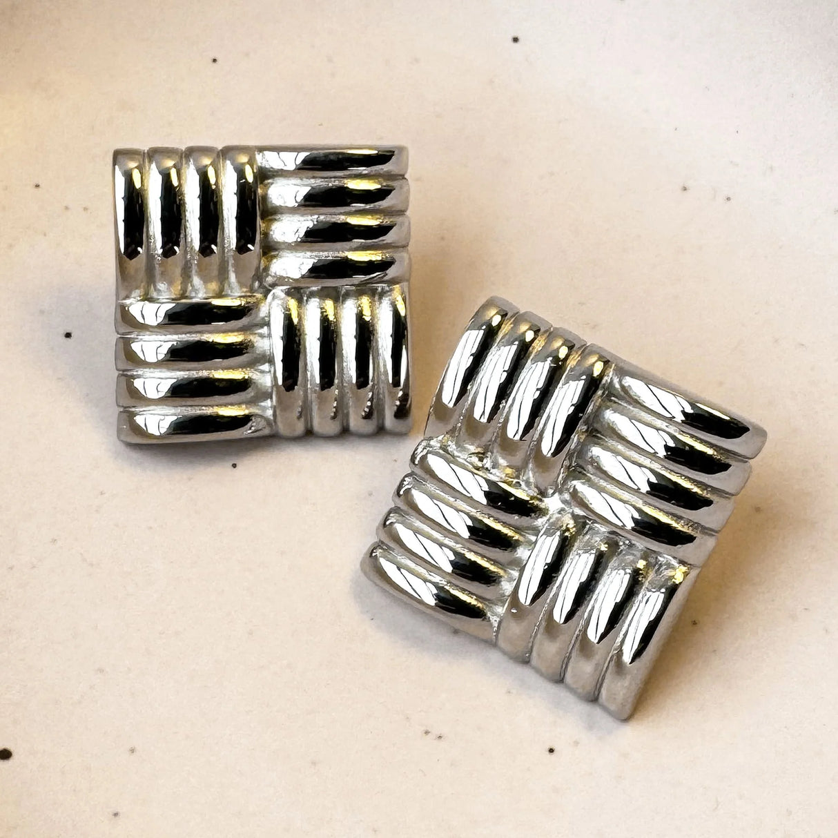 Bullion Gold Ridged Square White Gold layered Stud Earrings