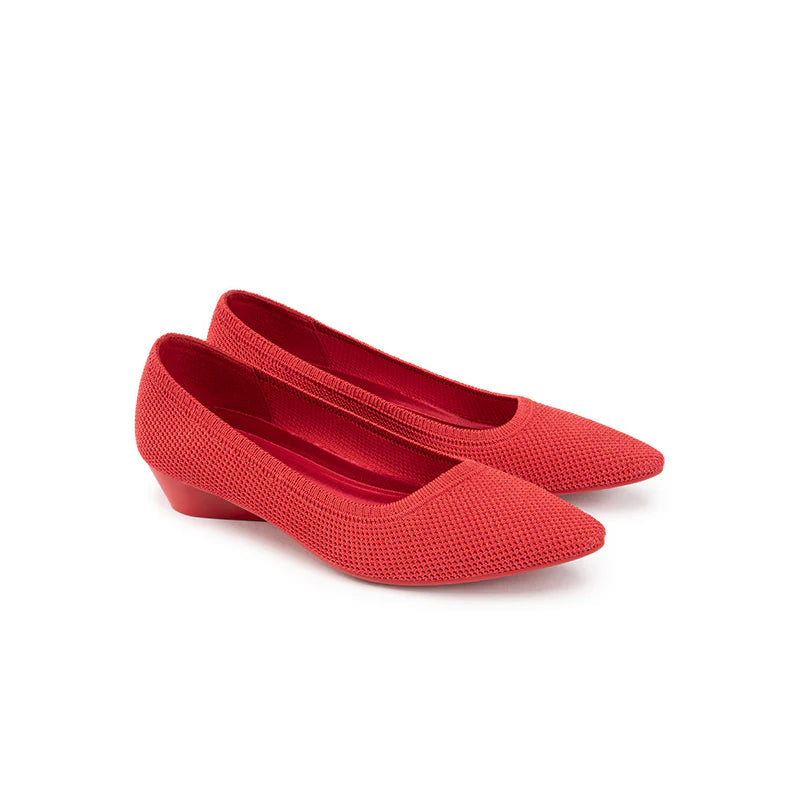 Diagonal Cut Knit Pointed Toe Wedge Flats - Red