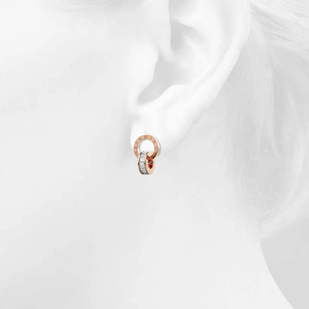 Bullion Gold Pisces Round Interlock Dangle Rose Gold Layered Earrings Clear