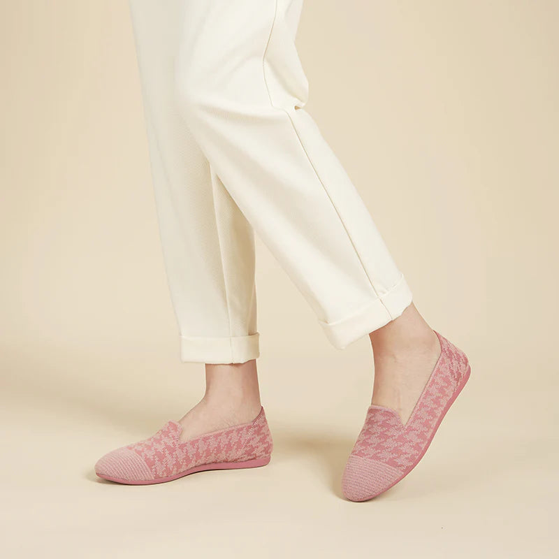 Houndstooth Knit Slip-On Flat Loafers - Pink