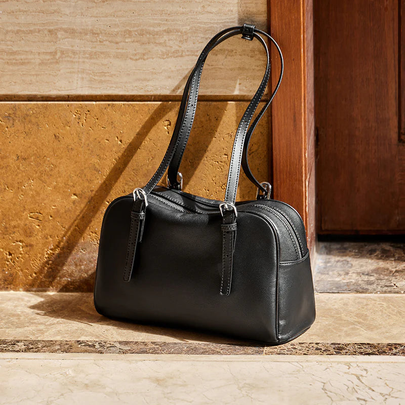 Nalandu Vintage Leather Bowling Bag - Black