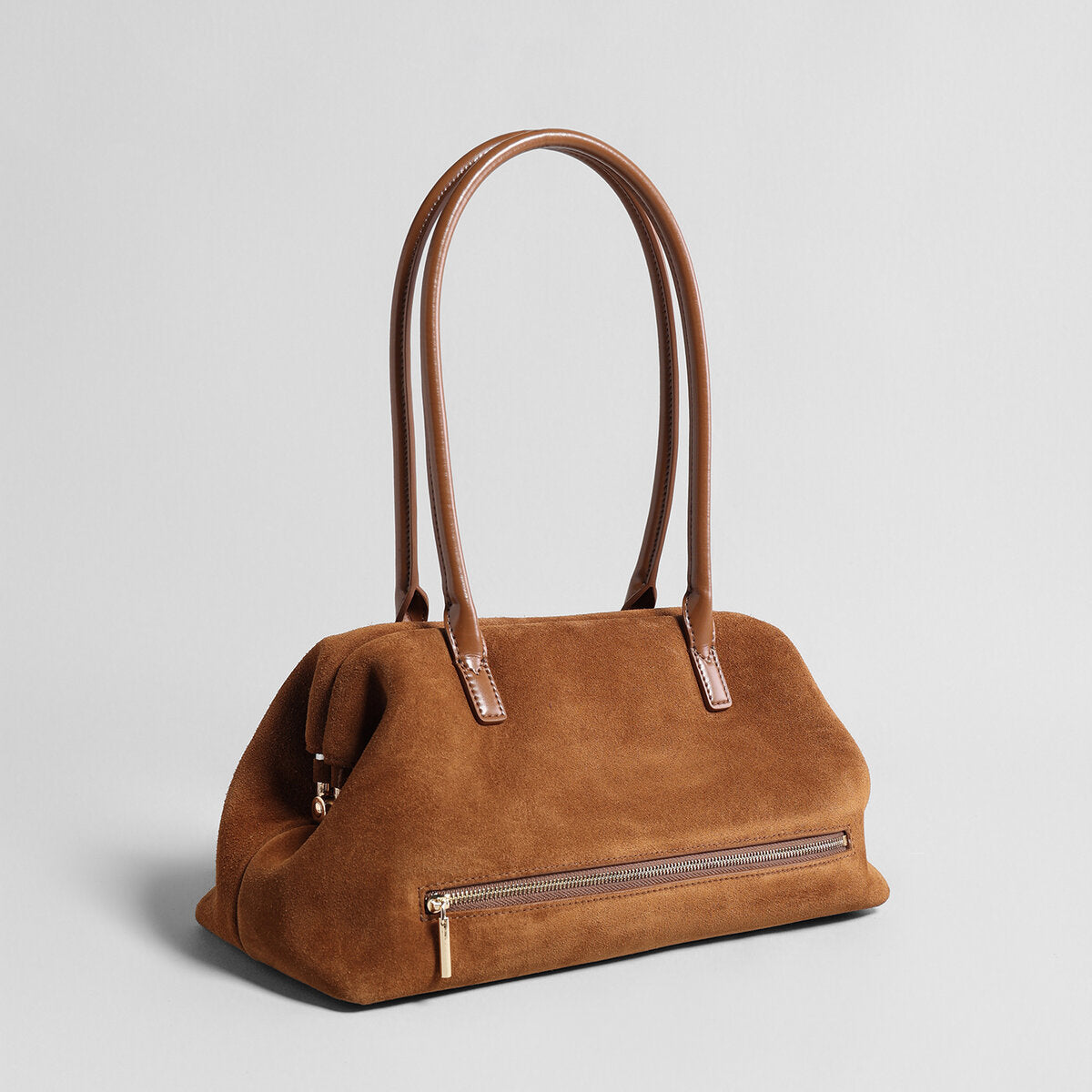 Suede Leather Dome Shoulder Bag - Brown